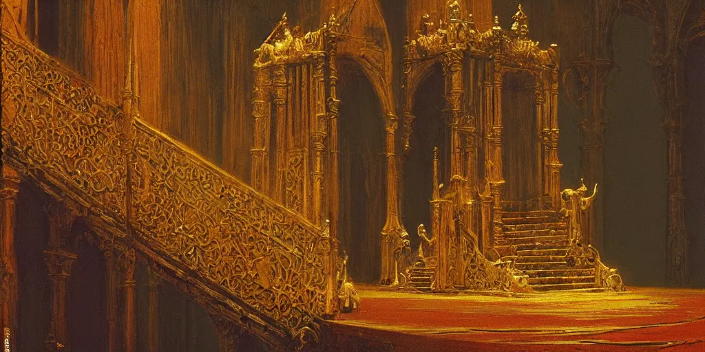 Image similar to a medieval king sitting on a golden throne led by stairs leaning on a shiny sword in a palace, illuminated by glowing light behind the throne, beksinski and syd mead cinematic colorful painting