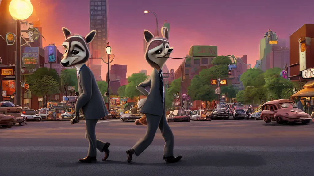 Image similar to An anthropomorphic raccoon businessman is walking down a busy crosswalk at sunset, warm lighting with an orange glow blanketing the cityscape, zootopia, other anthropomorphic characters are walking by him, extremely detailed, HDR, sideview, dramatic, lots of cars and animal people in the background, detailed face and eyes, visible pupils