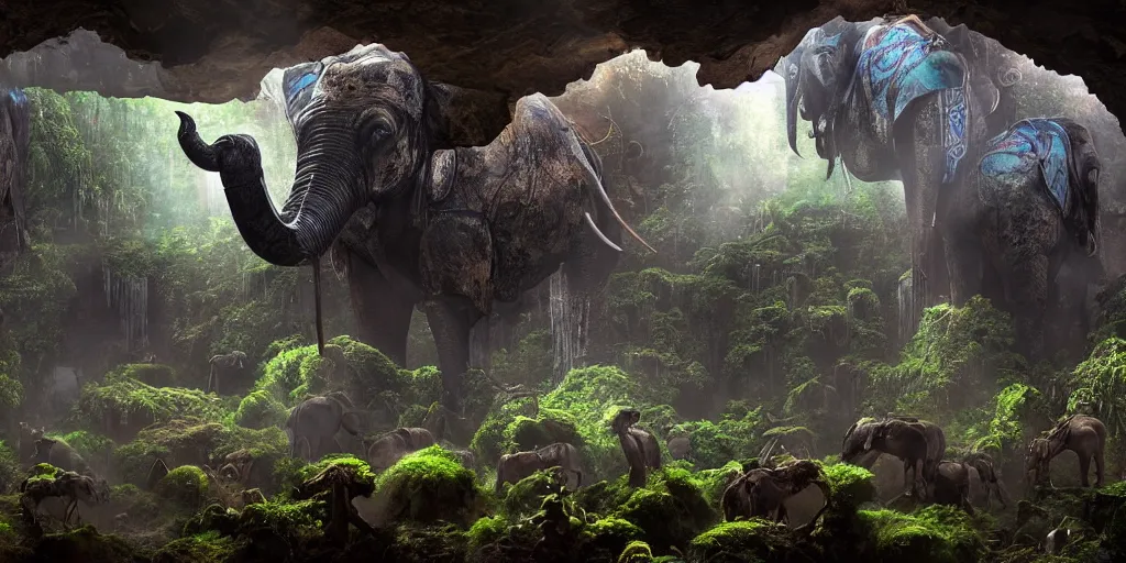 Prompt: herd of magnificent mechanical steampunk elephants looking eerily into a cave entrance with lush vegetation and mystical (((glowing algae))) in the dawn, light coming through from holes in the ceiling, waterfalls, desaturated, creepy ambiance, dangerous, sharp focus, highly detailed, artgerm