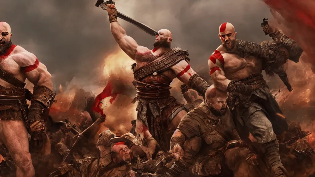 Image similar to A shot from a Film about World War 2 starring Danny Devito as Kratos, God of War, by nuri iyem, james gurney, james jean, greg rutkowski, anato finnstark, infared photography, 8K, film render