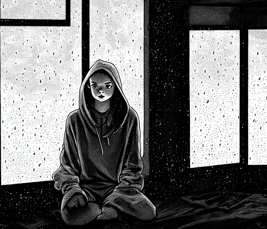 Prompt: sadie sink in hoodie sits on windowsill, knees tucked in | rain falls at night : storyboard, scifi cyberpunk. by joe alves. cinematic atmosphere, detailed and intricate, perfect anatomy