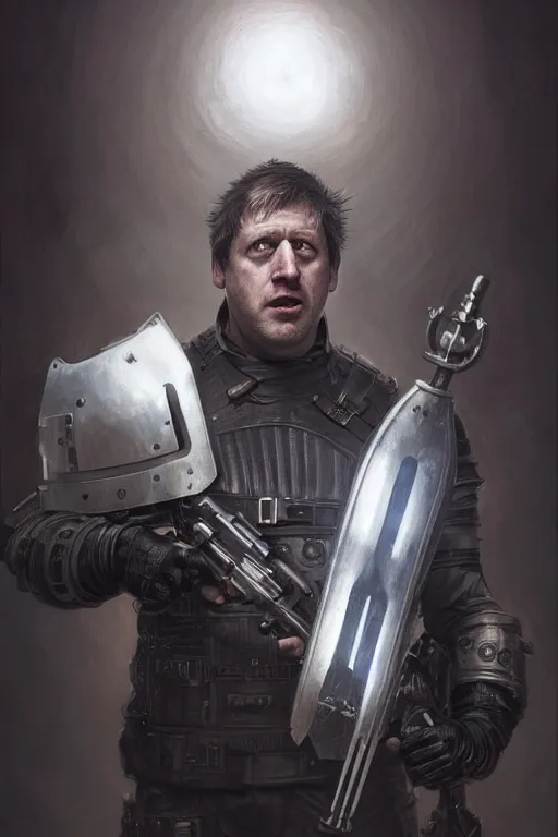 Image similar to Boris Johnson as Punisher, armor plate, realistic portrait, symmetrical, highly detailed, digital painting, artstation, concept art, smooth, sharp focus, illustration, cinematic lighting, art by artgerm and greg rutkowski and alphonse mucha