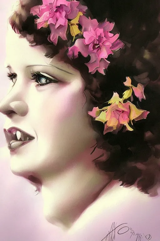 Prompt: a beautiful portrait of Clara Bow with flowers pastel colors, in a scenic environment by Artgerm, detailed,