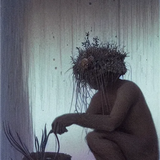 Prompt: a golemn tending to a beautiful dried flower in a dark room, zdzislaw beksinski, arthur rachham, 8 k, artstation, interior