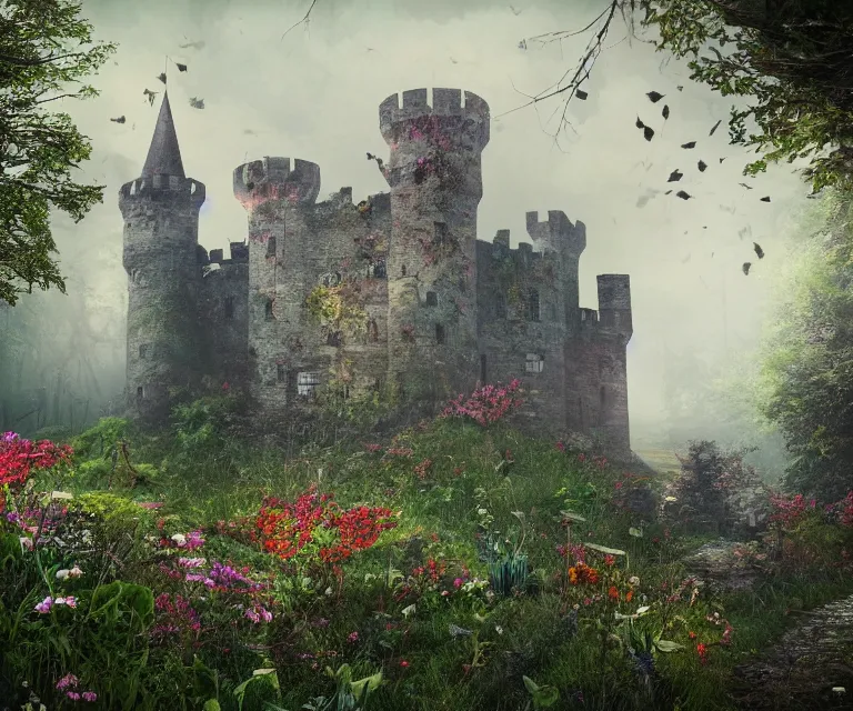 Image similar to old rundown castle in the middle of a haunted forest, foggy, high fantasy, colorful flowers, aged vegetation, photorealism