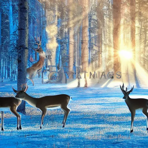 Prompt: deer on fire in a frozen forest, sparkles and sun rays, hyperrealistic, photo realistic, realistic, beautiful white lighting, in the middle of the day