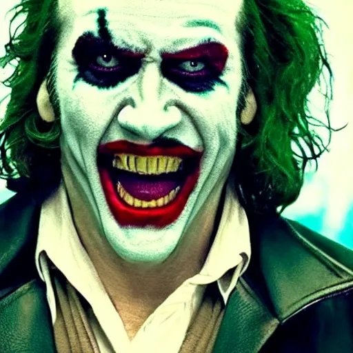 Image similar to nicolas cage as joaquin phoenix joker, screencap from joker movie, highly detailed