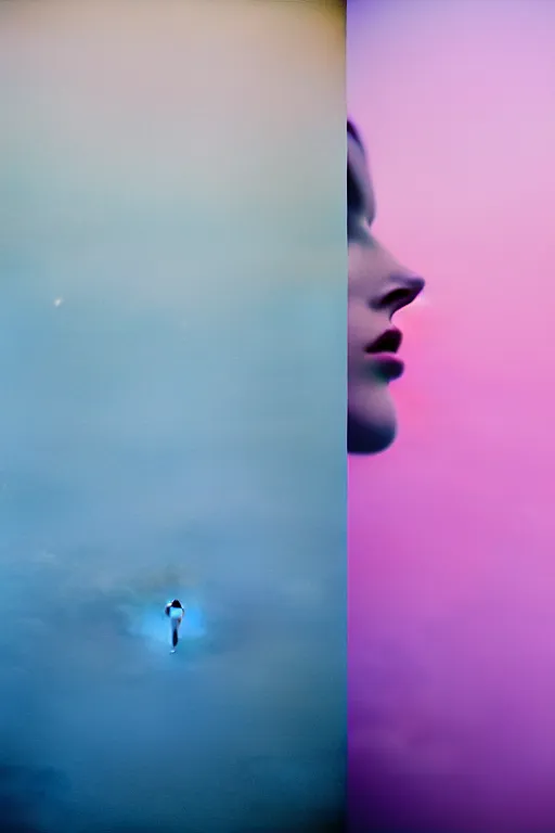 Image similar to high quality pastel coloured film close up wide angle photograph of a model wearing clothing swimming on cloud furniture in a icelandic black rock!! environment in a partially haze filled dreamstate world. three point light, rainbow. photographic production. art directed. pastel colours. volumetric clouds. pastel gradient overlay. waves glitch artefacts. extreme facial clarity. 8 k. filmic.