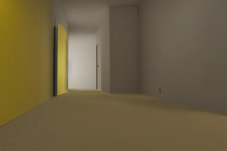 Image similar to 3 d render of jerma 9 8 5, jerma in a liminal space, non - euclidean space, endless halls of office space with worn light mono - yellow 7 0 s wallpaper, old moist carpet, and inconsistently - placed fluorescent lighting | high octane | blender | 3 d render