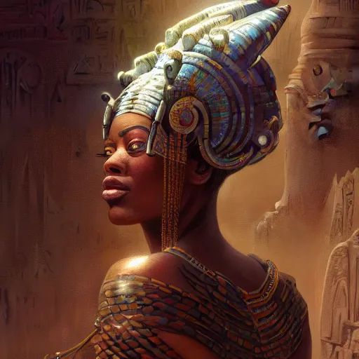 Image similar to highly detailed portrait of an african egyptian goddess, intricate alien technology, stephen bliss, unreal engine, fantasy art by greg rutkowski, loish, rhads, ferdinand knab, makoto shinkai and lois van baarle, ilya kuvshinov, rossdraws, tom bagshaw, global illumination, radiant light, detailed and intricate environment