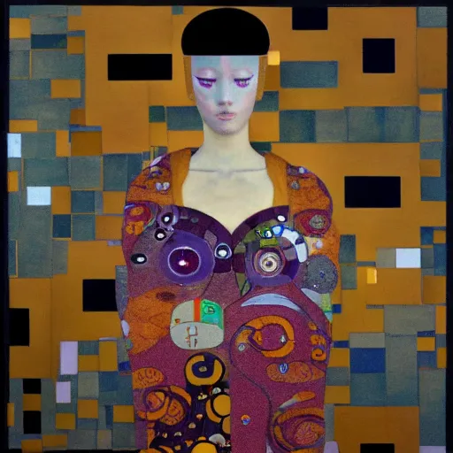 Prompt: a gustav klimt portrait of a euphoric japanese cyberpunk android mannequin experiencing an invincible sense of well - being floating in mists of bliss