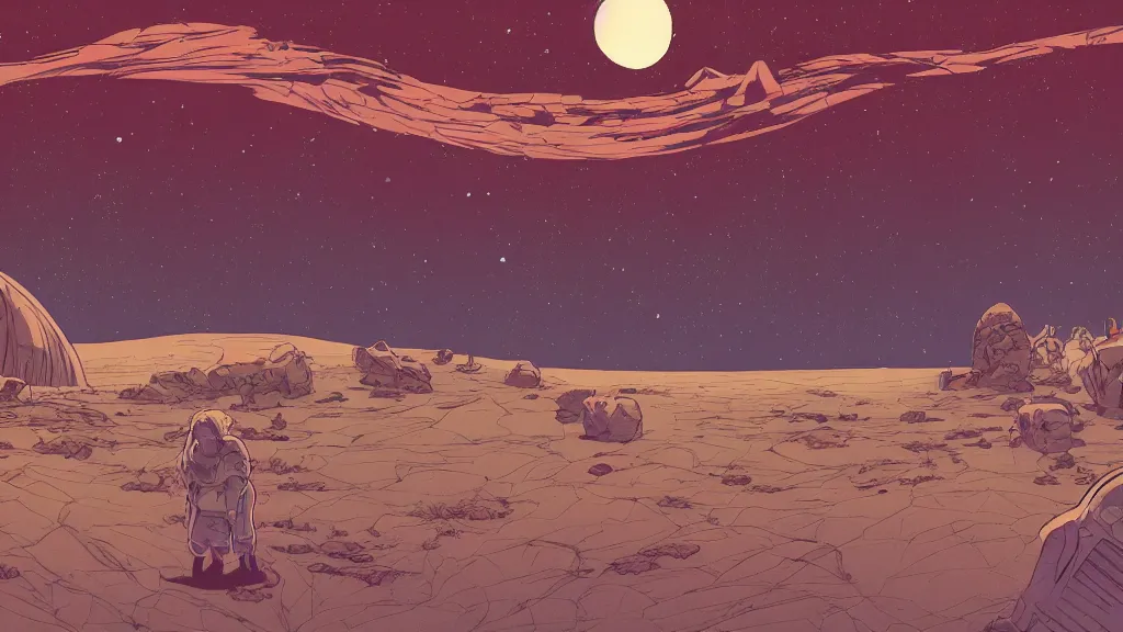 Prompt: very detailed, prophet graphic novel, ilya kuvshinov, mcbess, rutkowski, simon roy, illustration of a plateau with a large vault door on a desert planet, wide shot, colorful, deep shadows, astrophotography
