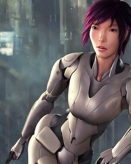 Image similar to weta disney pixar movie still portrait photo of motoko kusanagi ghost in the shell : : as cyborg woman by pixar : : by weta, wlop, ilya kuvshinov, rossdraws, artgerm, marvel, maxim cover, latex, octane render, sweaty, iridescent, bright morning, anime, liosh, mucha : :