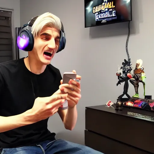 Prompt: xqc raging while playing clash royale on his phone, his messy room is in the background