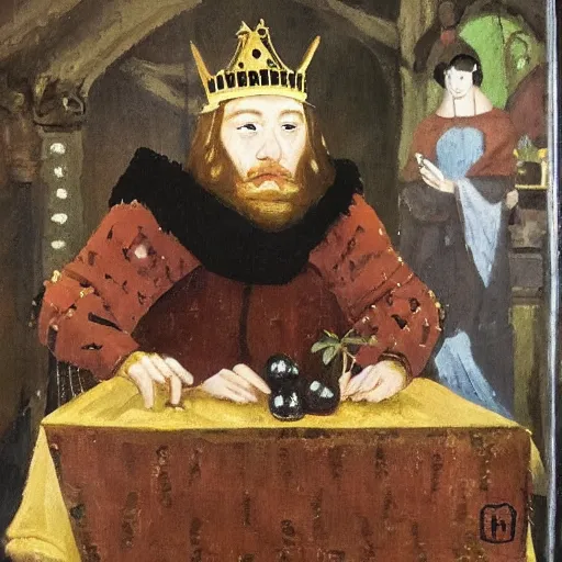 Prompt: a medieval king drinking bubble tea with black tapioca pearls, impressionist painting