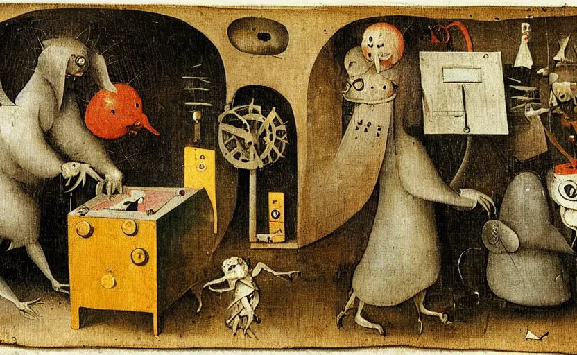 Image similar to an occult machine making copies of a funny little creature by hieronymus bosch