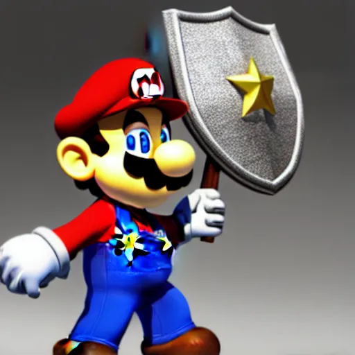 Image similar to super mario holding a sword and shield, highly detailed, extremely high quality, hd, 4 k, 8 k, canon 3 0 0 mm, professional photographer, 4 0 mp, lifelike, top - rated, award winning, realistic, detailed lighting, detailed shadows, sharp, no blur, edited, corrected, trending