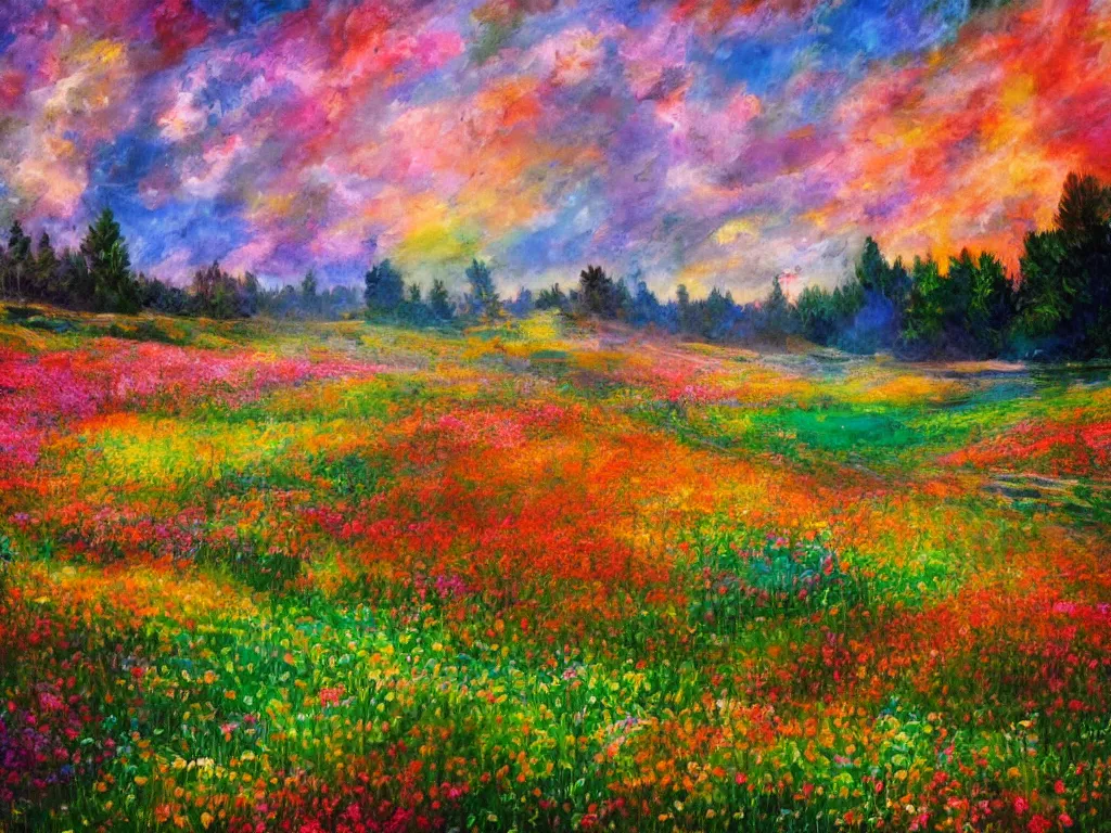 Image similar to an impressionist painting of a gorgeous meadow filled with colorful mushrooms with a stream flowing through it, psychedelic colors, colorful sky in background, high detail, trending on artstation