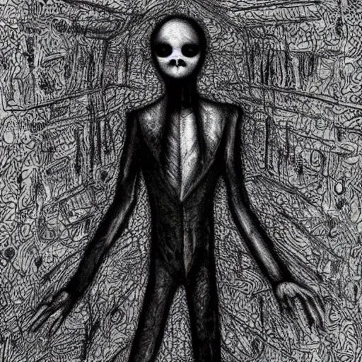 Image similar to slenderman, high detail, masterpiece, art by h. r. giger