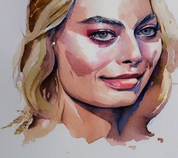 Prompt: A watercolor painting of margot robbie, trending on artstation