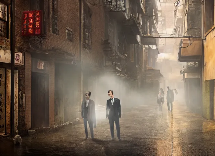 Image similar to a very high resolution image from a new movie, two deer in suits, in a narrow chinese alley, surrounded by water vapor, beatiful backgrounds, dramatic lighting, directed by wes anderson