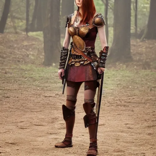 Image similar to full body photo of karen gillan as an amazon warrior with weapons