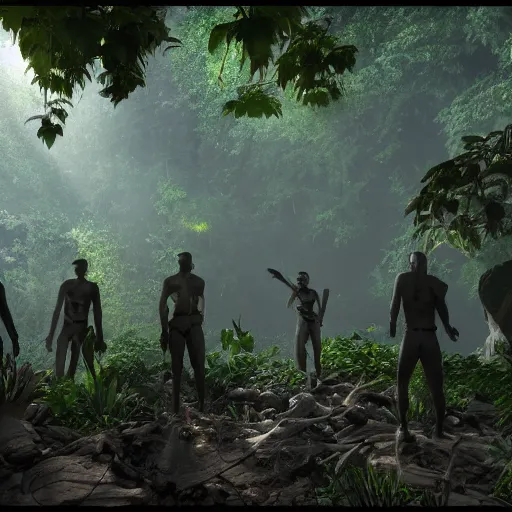 Image similar to « group persons, dark jungle, far view, unreal engine 5, highly detailed, exploring, fantasy, »