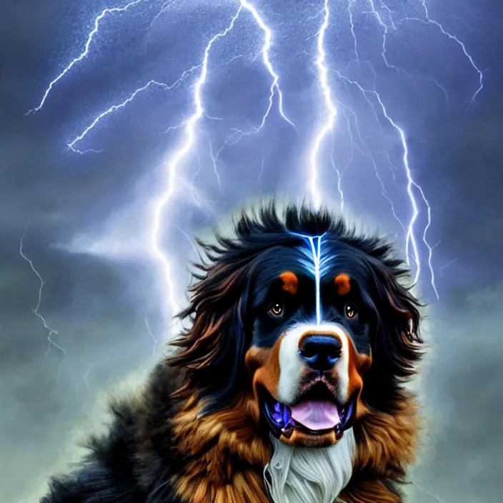 Prompt: a male human - bernese mountain dog hybrid as zeus, shooting lightning bolts from his paws, by greg rutkowski and alex grey, intricate details, artstation, furry, psychedelic, hd, beautiful