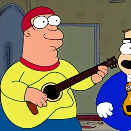 Image similar to bert jansch playing guitar next to peter griffin in family guy