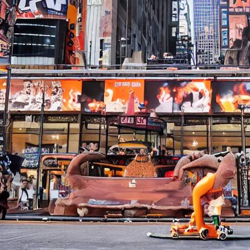 Image similar to a photo of an orange elephant on a skateboard, in times square at sunset