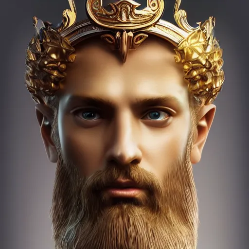 Image similar to portrait of a radiant greek mythology god, jewelry, crown, confident, handsome, stunning, dramatic lighting, detailed, very realistic, trending on Artstation, Cgsociety