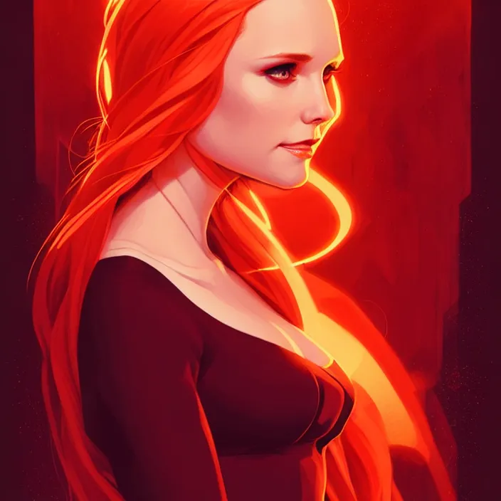 Image similar to style artgerm, joshua middleton, beautiful kristen bell with dark red dress, very long orange hair, symmetrical face, symmetrical eyes, fire powers fire swirling, detailed, volcano setting, cinematic lighting