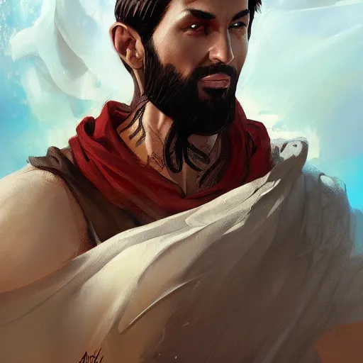 Image similar to A beautiful digital painting of a 30 year old man with middle eastern skin and Biblical clothing, by Stanley Artgerm Lau, frank frazetta, Rossdraws, James Jean, gerald brom, Andrei Riabovitchev, Marc Simonetti, and Sakimichan, trending on artstation, SFW version