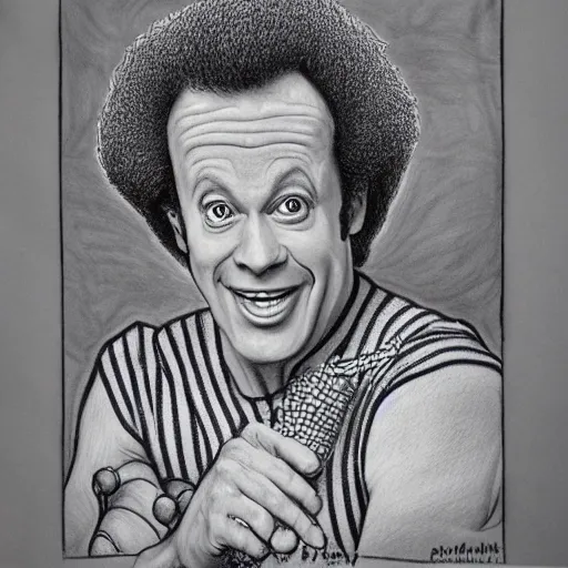 Image similar to a realistic portrait drawing of Richard simmons drawn by Robert Crumb