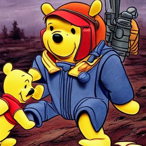 Image similar to winnie the pooh wearing a full suit of space marine power armor and wielding a boltgun