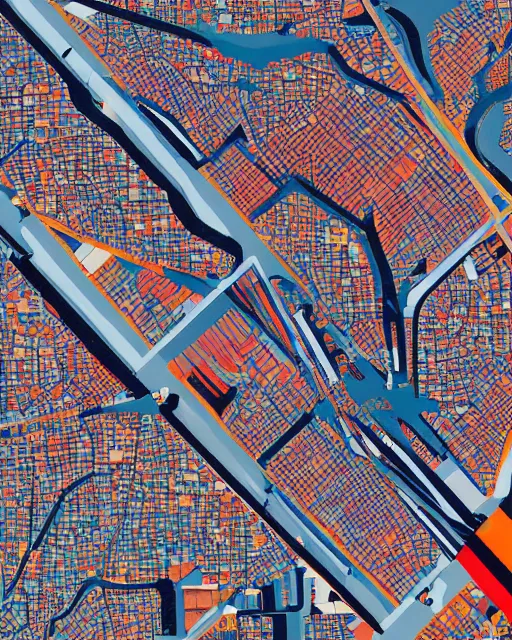 Prompt: a satellite view of an industrial city with geometric shapes mixed with portrait photography by tristan eaton, glitches, primary colors