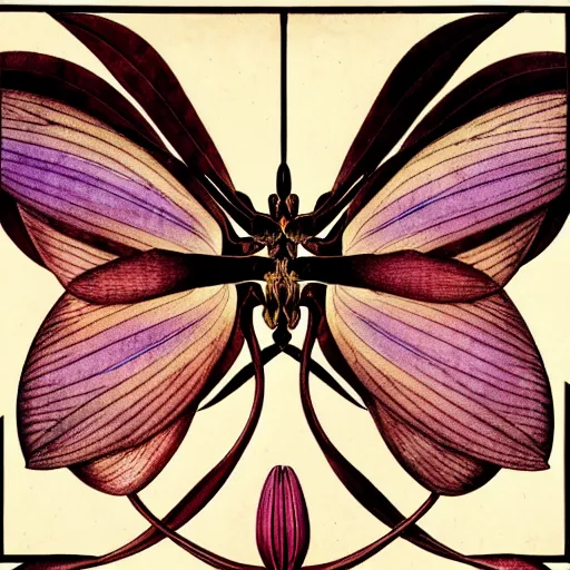 Prompt: potrait of an orchid mantis by William Morris, horizontal symmetry, exquisite fine details, Art Nouveau botanicals, deep rich moody colors