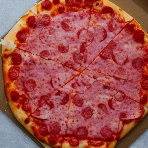 Prompt: a plain pepperoni pizza with pepto bismol sauce.