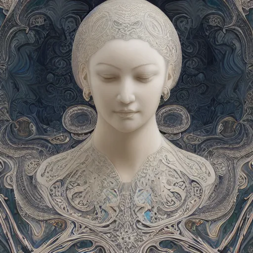 Image similar to opalescent marble portrait, up close, shallow depth of field, warm, masterpiece, ivory carving, fractal paisley inlay, lace, intricate, elegant, highly detailed, artgerm, hyperrealistic, trending on artstation, lace, by ruan jia and greg rutkowski