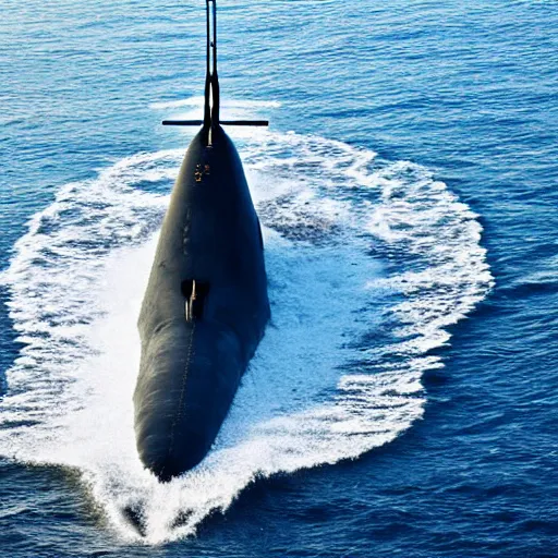 Prompt: military submarine flying above surface of an ocean