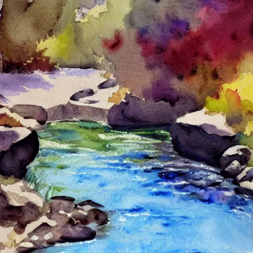 Prompt: A piece of peace by a river creek, watercolor, detailed