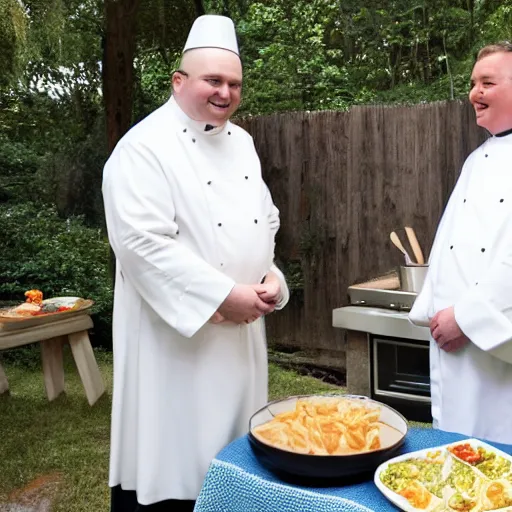 Prompt: fat catholic priest cooking show still