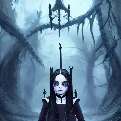 Image similar to wednesday addams as a lich necromancer, made by carvaggio, stanley artgerm lau, wlop, rossdraws, artstation, cgsociety, concept art, cgsociety, octane render, trending on artstation, artstationhd, artstationhq, unreal engine, 4 k, 8 k