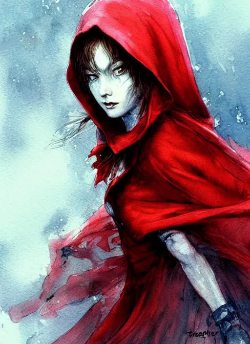 Prompt: portrait, wicked and beautiful little red riding hood, watercolor, dramatic lighting, cinematic, establishing shot, extremly high detail, foto realistic, cinematic lighting, pen and ink, intricate line drawings, by Yoshitaka Amano, Ruan Jia, Kentaro Miura, Artgerm, post processed, concept art, artstation, matte painting, style by eddie mendoza, raphael lacoste, alex ross