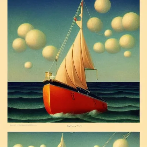 Image similar to a fantastic voyage on a beautiful ship by Raphael, Hopper, and Rene Magritte. detailed, romantic, enchanting, trending on artstation.