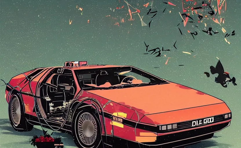 Image similar to a red delorean with a yellow tiger, art by hsiao - ron cheng & shinya edaki in a magazine collage style, # de 9 5 f 0