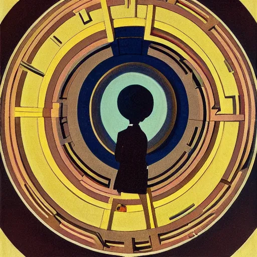 Prompt: A suited man in a hat, standing in the middle of a giant circular head-shaped labyrinth maze, overhead shot, wide shot, painting, stylistic, art by Norman Rockwell