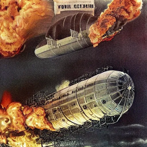 Image similar to Hindenburg disaster, colored, detailed