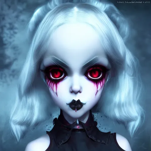 Image similar to full shot portrait of angry darkness cute anime girl at moonlight, gothic wearing, inspired by Tim Burton, Norihiro Yagi, WLOP, Marc Simonetti, Amano, Andrei Riabovitchev, detailed, unreal engine 4k volumetric light, fog,