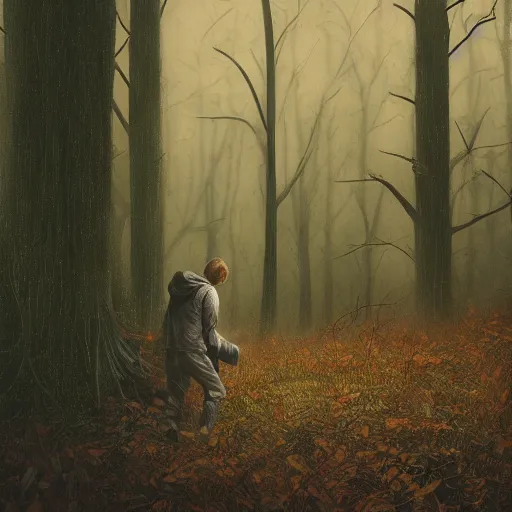 Image similar to Ryan Golsing holding a cute caracal in an autumn forest, by Aron Wiesenfeld and beksincki, cinematic, detailed illustration, nature, fog, dark colors, suspense, intricate, 8k